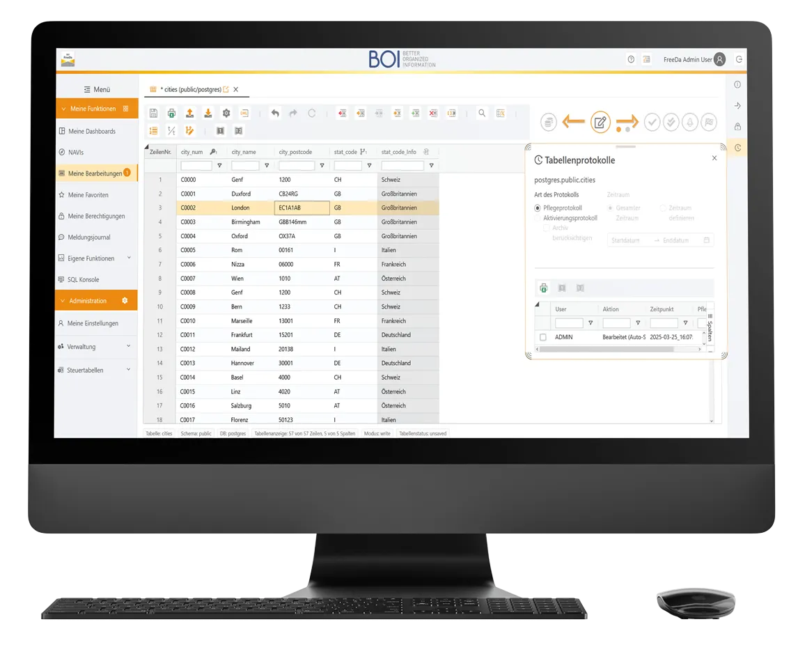 Stammdatenmanagement Software BOI FreeDa mit Tabellenverwaltung, Protokollierung und Workflow-Steuerung für strukturierte Unternehmensdaten.