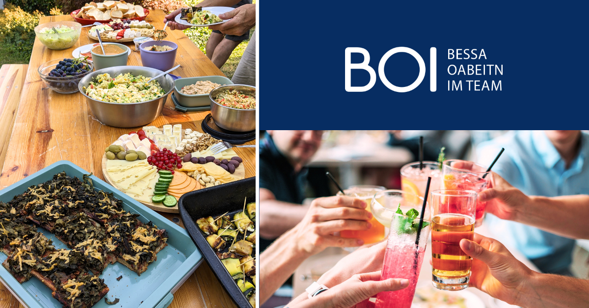 Eine Collage aus aus 3 Bildern: ein Buffet-Tisch, blaue Fläche mit BOI Logo und ein Stockfoto von Getränken